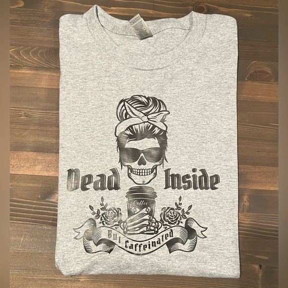 Skeleton Tee Dead Inside But Caffeinated Grey - Picture 1 of 2